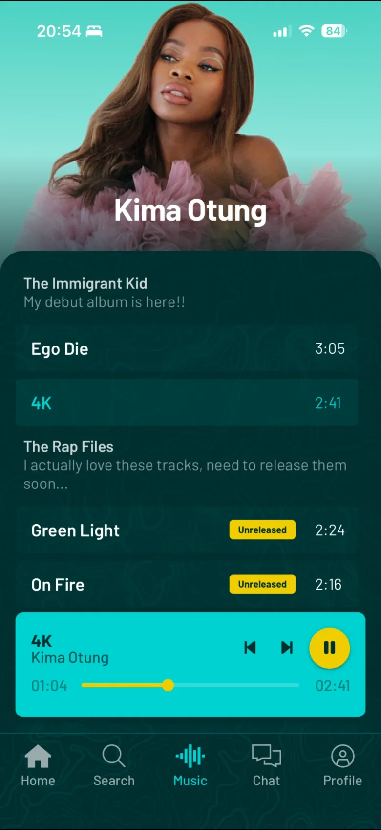 Kima Otung’s artist page in the Insidr app, with released and unreleased tracks and a track playing