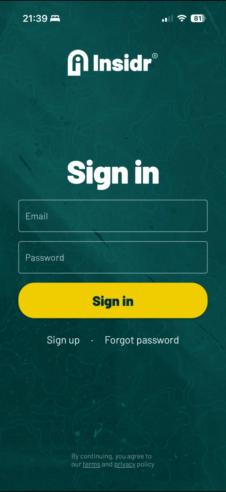 Insidr app sign-in screen
