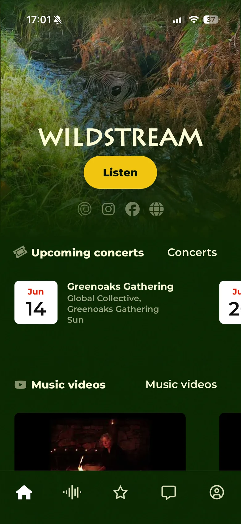 Custom artist app home screen showing a branded music subscription experience