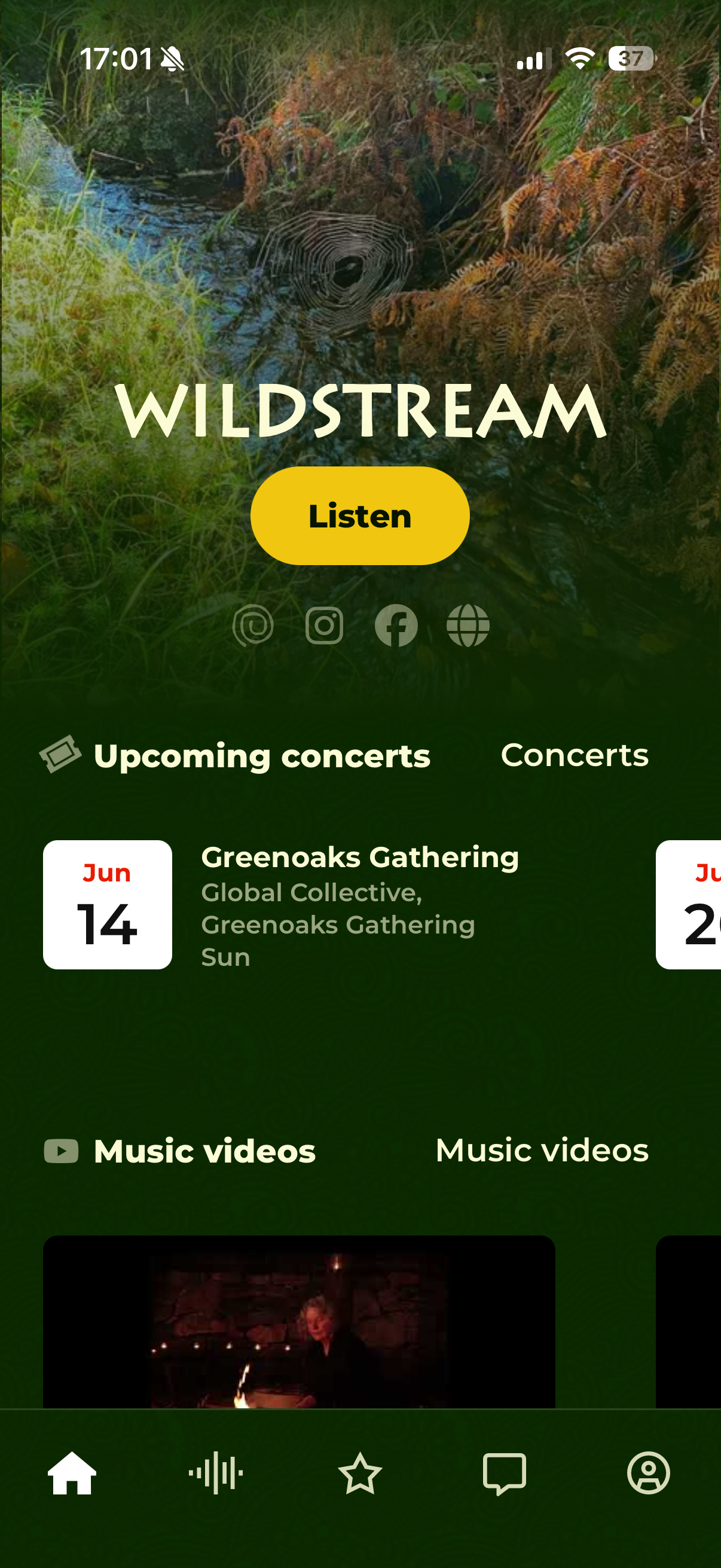 Custom artist app home screen showing a branded music subscription experience
